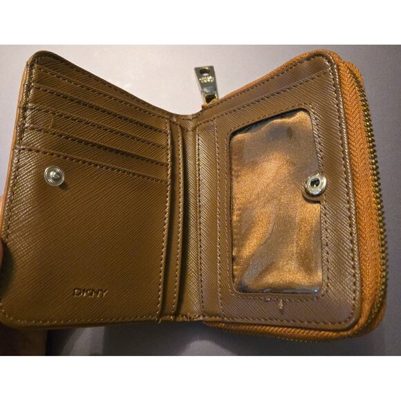 DKNY Logo Canvas & Leather Womens Bi-Fold Wallet With Zip Coin Pocket Brown/Gold - Picture 6 of 7